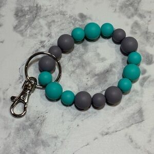 Teal and Gray Beaded Wristlet Keychain